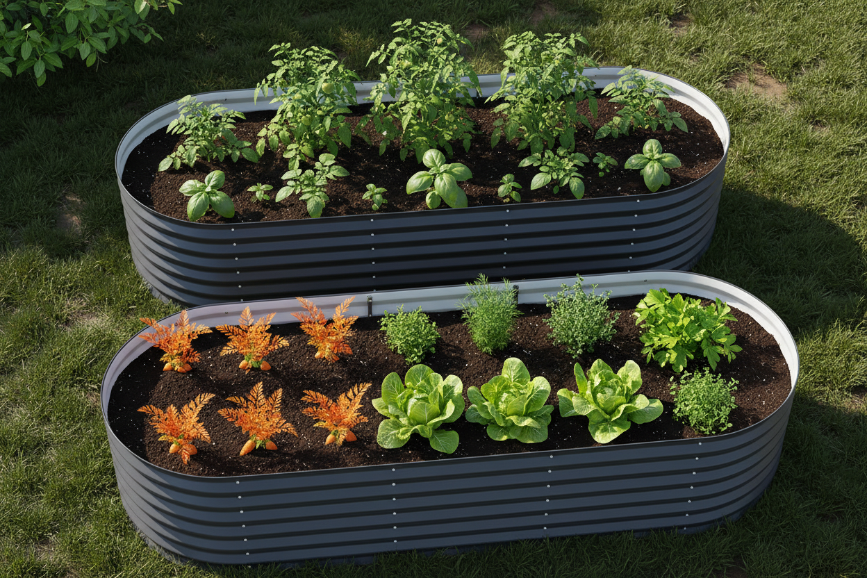 Overhead view of 56cm twin pack with companion planting