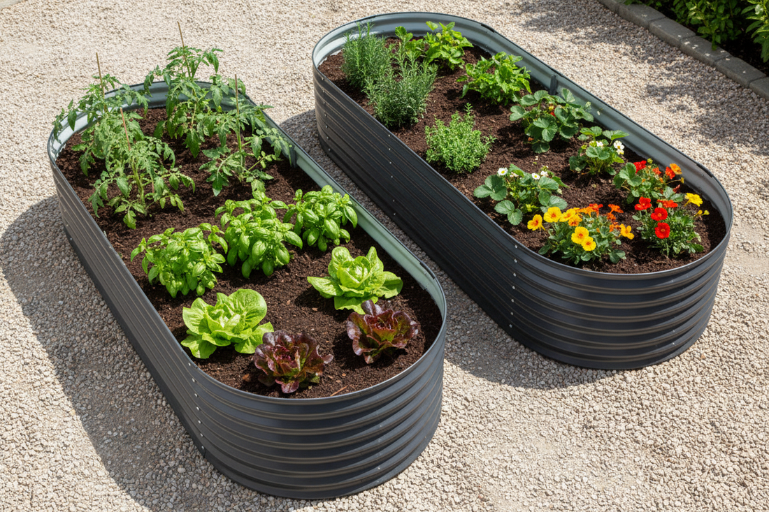Overhead view of twin pack with companion planting