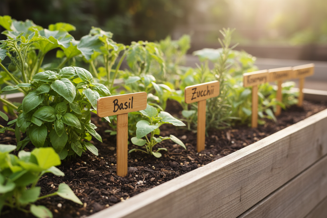 T-shaped bamboo plant labels in garden